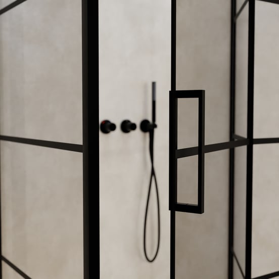 Balmani Senses Design douchecabine met rechtse draaideur en vaste zijwand, 100 x 100 cm, Lined, Zwarte profielen