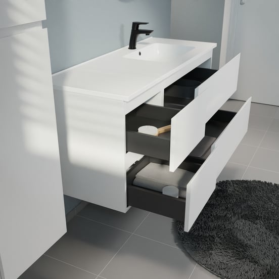 Linie Lado meuble salle de bains suspendu 120 x 46 cm blanc mat avec Vano plan vasque asymétrique à droite en marbre composite blanc mat