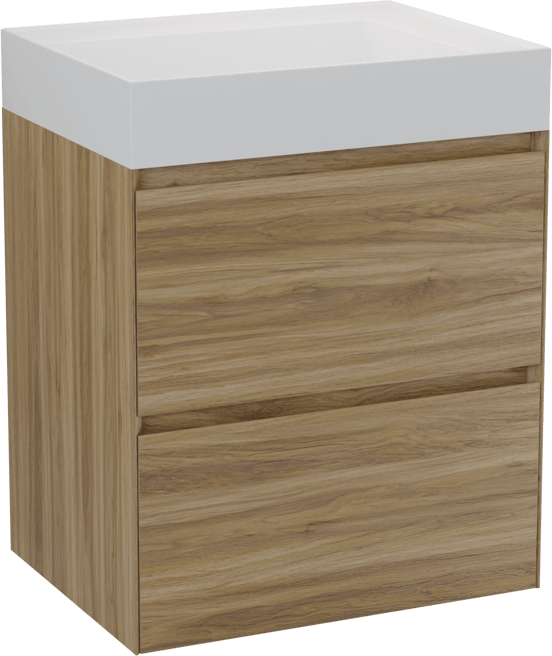 Balmani Mitra Compact hängendes Möbelstück Set: 60 x 46 cm, Wildeiche, mit Argila Waschtisch links Marmorkomposit Weiβ matt