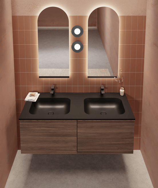 Balmani Forma hängender Waschbeckenunterschrank: horizontale Rippen, 67,5 x 55 cm, Amerikanischer Nussbaum, 2 Schubladen