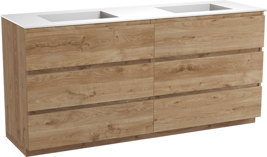 Balmani Lucida staand badmeubel 180 x 55 cm ruw eiken met Tablo Stretto dubbele wastafel in solid surface mat wit