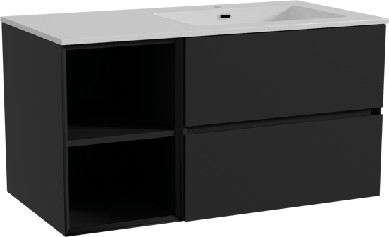 Storke Edge hängendes Möbelstück Set: 100 x 52 cm, Schwarz matt, mit Diva Waschtisch rechts, Marmorkomposit Weiß glänzend