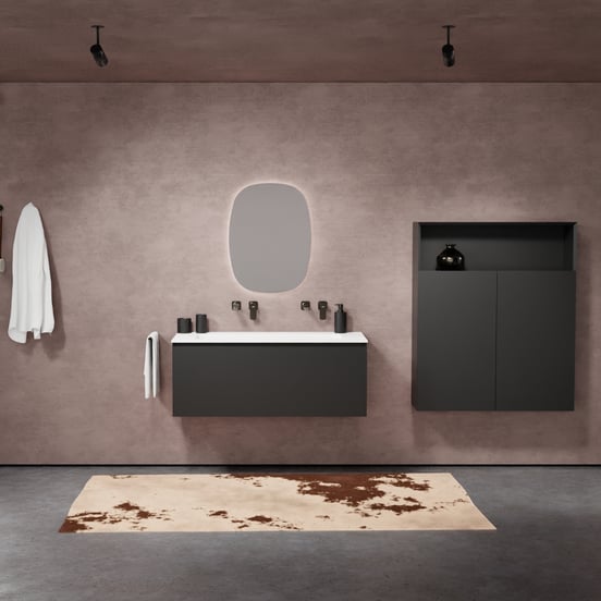 Balmani Idra meuble salle de bains suspendu 120 x 55 cm noir mat avec Tablo Arcato plan simple pour 2 trous de robinet en solid surface blanc mat