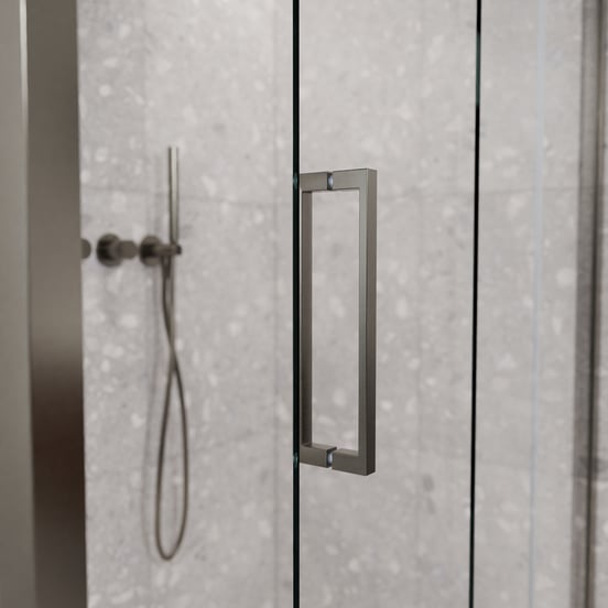 Balmani Senses Design douchehoek met rechtse schuifdeur en vaste zijwand, 120 x 90 cm, Helder glas, Brushed GunMetal profielen, met coating