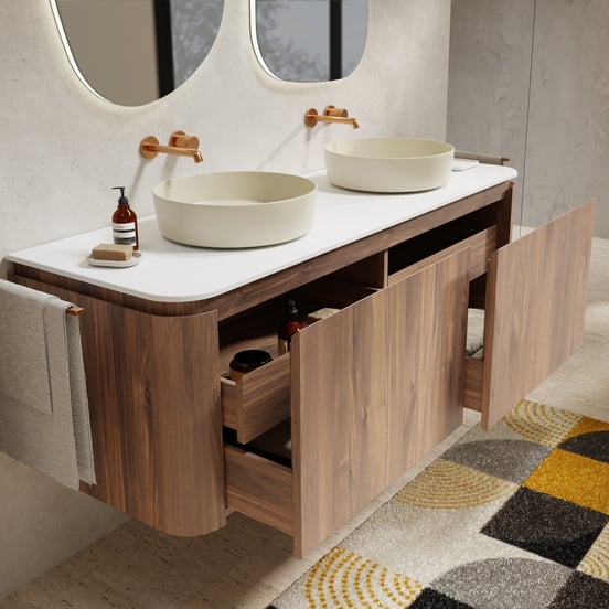 Balmani Moon hängendes Möbelstück Set: 160 x 55 cm, Amerikanischer Nussbaum, mit Moon Einzel- oder Doppel Waschtischplatte, Solid Surface Weiß matt