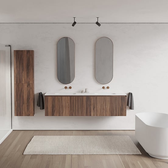 Balmani Fila hängendes Möbelstück Set: 180 x 55 cm, Nussbaum, mit Tablo Arcato Doppelwaschtisch, Solid Surface, Weiß matt, Vertikale symmetrische gerade Rippe