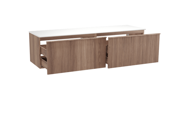 Balmani Forma zwevend badmeubel 180 x 55 cm teakhout met Stretto enkel of dubbel wastafelblad in solid surface mat wit, Verticale symmetrische rechte ribbel