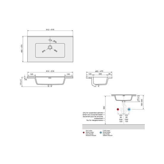 Linie Baro Einzelwaschtisch, Schwarz Matte Porzellan, 80 x 46 cm