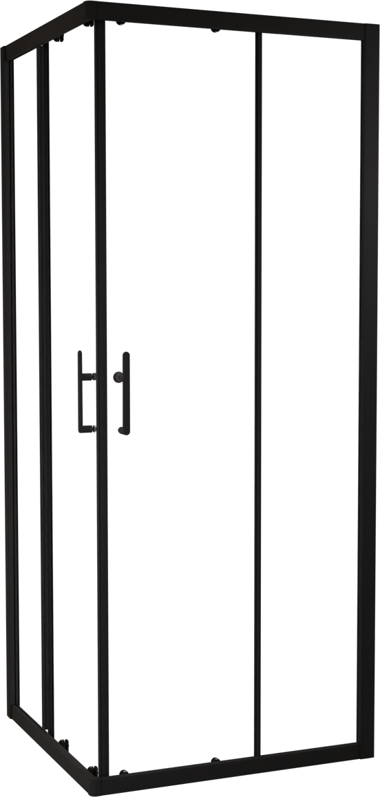 Linie Cadiz coin douche avec entrée d'angle avec double porte coulissante 80 x 80 cm Verre transparent profil noir mat