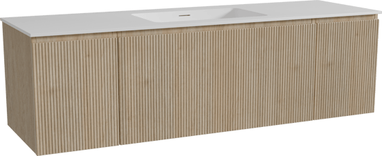 Storke Ribs zwevend badmeubel 165 x 52 cm ruw eiken met Mata enkele wastafel in solid surface mat wit, Verticale symmetrische rechte ribbel