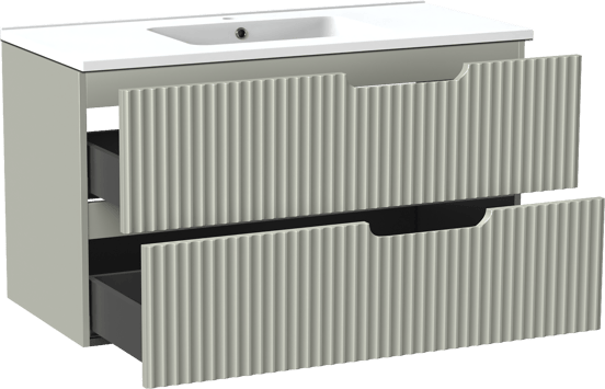 Linie Ribbo zwevend badmeubel 100 x 46 cm greige met Vano enkele wastafel in composietmarmer mat wit, Verticale symmetrische ronde ribbel