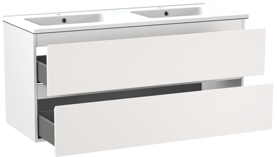 Linie Lado meuble salle de bains suspendu 120 x 46 cm blanc mat avec Vano double vasque en marbre composite blanc mat