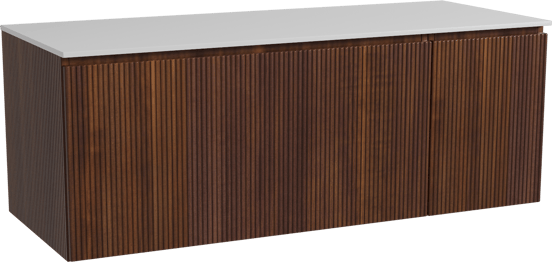 Storke Ribs zwevend badmeubel 130 x 52 cm notenhout met Tavola enkel of dubbel wastafelblad in solid surface mat wit, Verticale symmetrische rechte ribbel