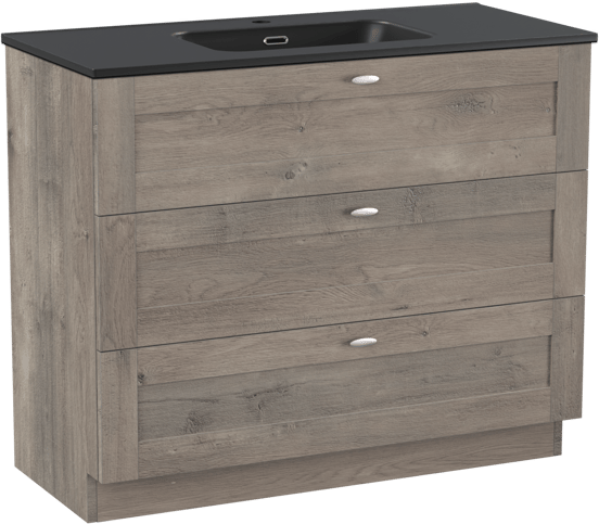 Linie Classo freistehendes Möbelstück Set: 100 x 46 cm, Graue Eiche, mit Baro Einzelwaschtisch, Porzellan Schwarz matt