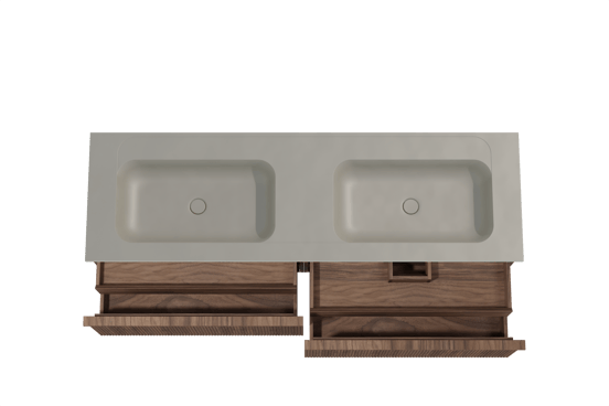 Balmani Forma zwevend badmeubel 180 x 55 cm amerikaans notenhout met Tablo Strada dubbele wastafel in composietmarmer zijdegrijs, Verticale symmetrische rechte ribbel