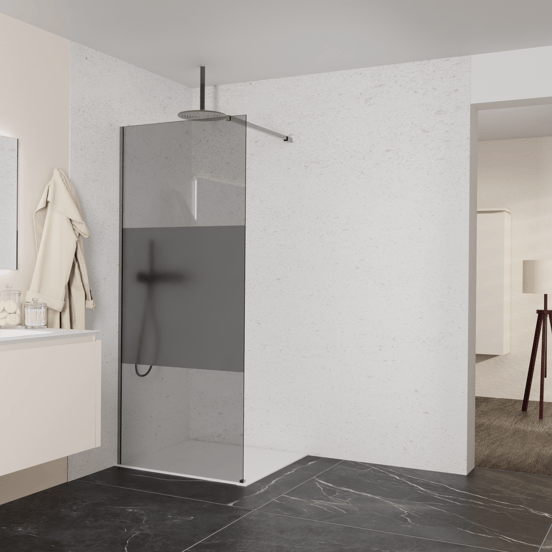 Balmani Modular Walk-In Dusche: 90 x 200 cm, Rauchglas mit mattiertem Streifen, Profil Brushed GunMetal