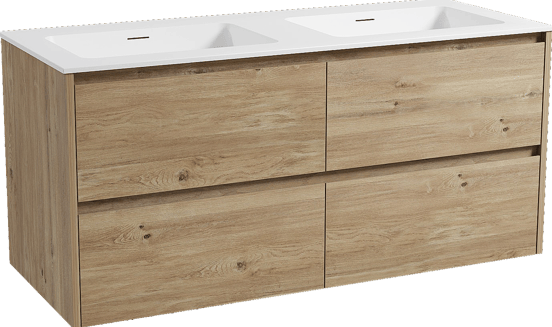 Storke Seda zwevend badmeubel 130 x 52 cm ruw eiken met Mata dubbele wastafel in solid surface mat wit