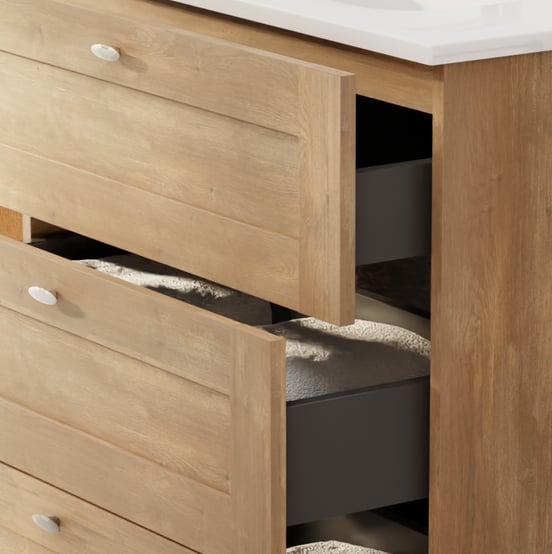 Linie Classo stehender Waschbeckenunterschrank: 120 x 46 cm, Eiche Natur 6 Schubladen 2 Siphonaussparungen