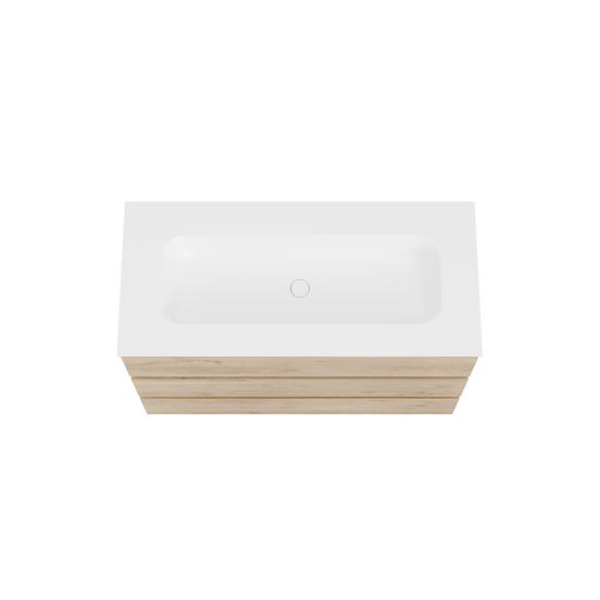 Balmani Lucida staand badmeubel 120 x 55 cm ruw eiken met Tablo Arcato enkele wastafel voor 2 kraangaten in solid surface mat wit