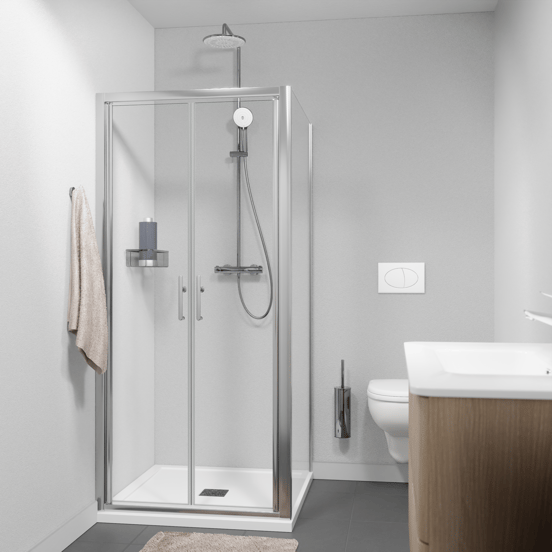 Linie Cadiz paroi de douche avec porte battante et paroi latérale fixe, 90 x 90 cm, verre transparent, profil chrome brossé