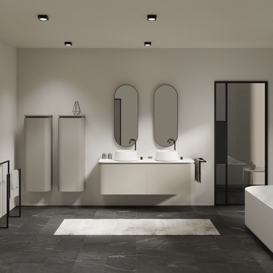 Balmani Moon zwevend badkamermeubel 160 x 55 cm zijdegrijs met Moon enkel of dubbel tablet in solid surface mat wit