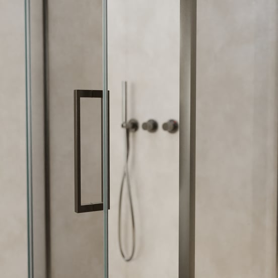 Balmani Senses Design douche en coin avec porte pivotante à gauche et paroi latérale fixe, 100 x 70 cm, Verre transparent, Profil Brushed GunMetal, coating inclus