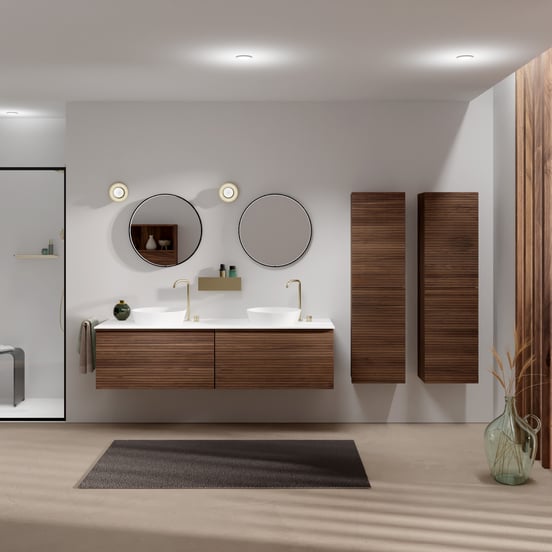 Balmani Forma hängendes Möbelstück Set: 180 x 55 cm, Amerikanischer Nussbaum, mit Stretto Einzel- oder Doppel Waschtischplatte, Solid Surface, Weiß matt, Horizontale symmetrische gerade Rippe