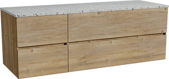 Storke Edge zwevend badmeubel 150 x 52 cm ruw eiken met Tavola enkel of dubbel wastafelblad in mat wit/zwart terrazzo