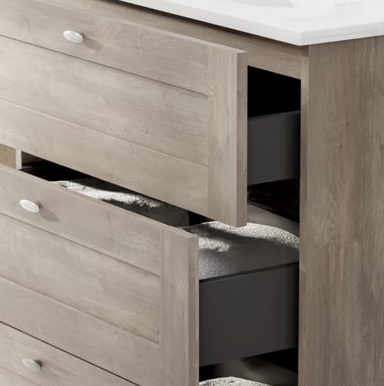 Linie Classo stehender Waschbeckenunterschrank: 120 x 46 cm, graue Eiche 6 Schubladen 2 Siphonaussparungen