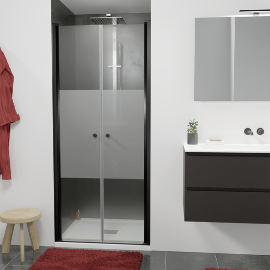 Luca Varess Kuresa douche pendeldeur 90 x 200 cm helder glas met matte strook mat zwart profiel