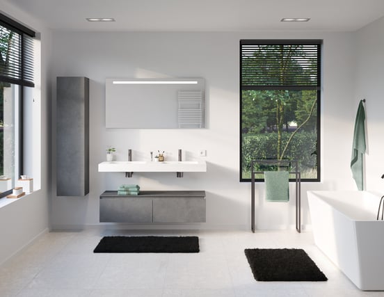 Storke Edge Modulo hängender Waschbeckenunterschrank: 130 x 48 cm, Beton dunkelgrau, 2 Schubladen