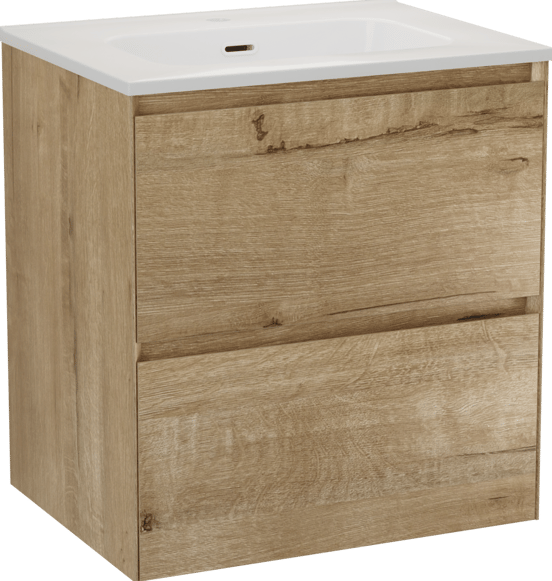 Balmani Mitra Compact zwevend badkamermeubel 60 x 46 cm ruwe eik met Nostra enkele wastafel in porselein glanzend wit