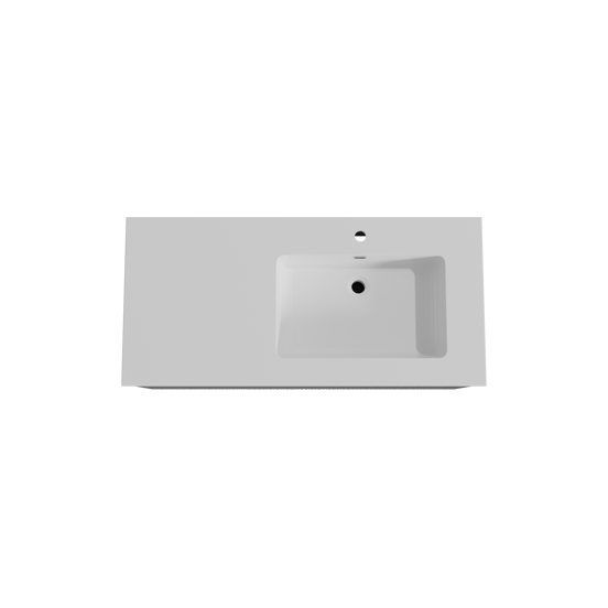 Storke Ribs meuble salle de bains suspendu 110 x 52 cm chêne noir avec Diva plan vasque asymétrique à droite en marbre composite blanc brillant, Nervure droite asymétrique verticale