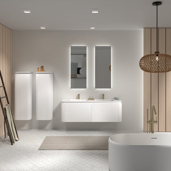 Balmani Moon zwevend badmeubel 160 x 55 cm mat wit met Moon dubbele wastafel in solid surface mat wit, Verticale symmetrische rechte ribbel