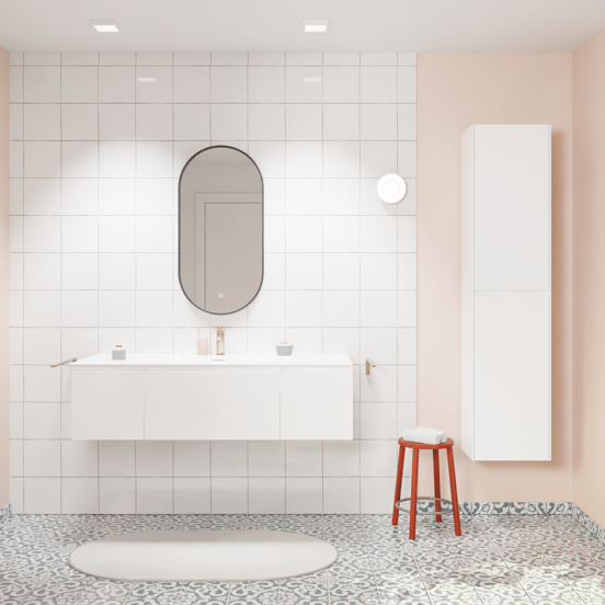 Storke Edge hängendes Möbelstück Set: 135 x 52 cm, Weiß glänzend, mit Mata Einzelwaschtisch, Solid Surface Weiß matt