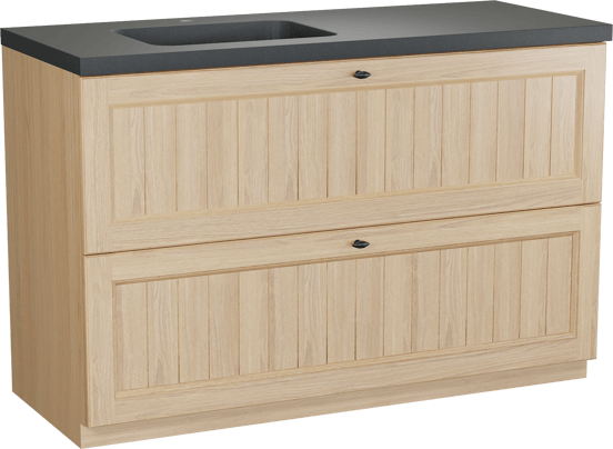 Balmani Lemon meuble salle de bains à poser 135 x 55 cm, plaqué chêne naturel avec Napoli plan vasque asymétrique à gauche en granit noir