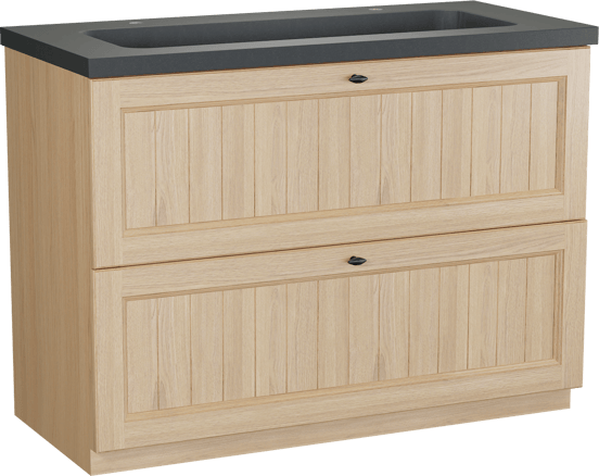 Balmani Lemon freistehendes Möbelstück Set: 120 x 55 cm, Naturbelassene Eiche Furnier, mit Napoli Einzelwaschtisch für 2 Armaturenlöcher, Schwarzes Granit