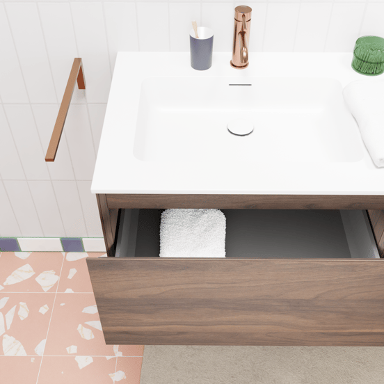 Storke Edge hängendes Möbelstück Set: 100 x 52 cm, Nussbaum, mit Mata Waschtisch rechts, Solid Surface Weiß matt