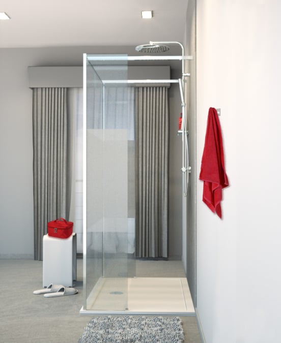 Balmani Modular Walk-In-Dusche mit freistehender Wand und fixiertem Paneel 120 x 200 cm, Klarglas mit mattiertem Streifen, Profil chrom glänzend