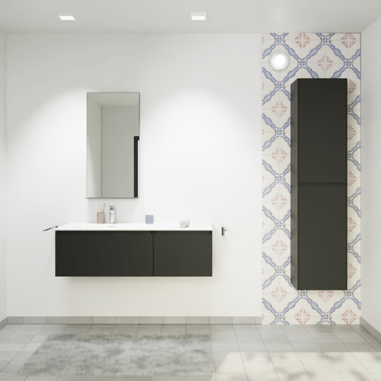 Storke Edge meuble salle de bains suspendu 120 x 52 cm noir mat avec Mata plan vasque asymétrique à gauche en solid surface blanc mat