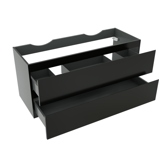 Linie Lado hängender Waschbeckenunterschrank: 120 x 46 cm, Schwarz Matt, 2 Schubladen, 2 Siphonaussparungen