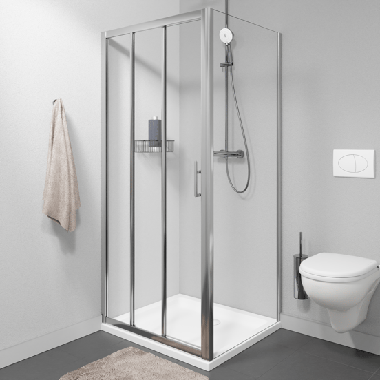 Linie Cadiz paroi de douche avec porte coulissante en trois parties et paroi latérale fixe, 90 x 90 cm, verre transparent, profil chrome brossé