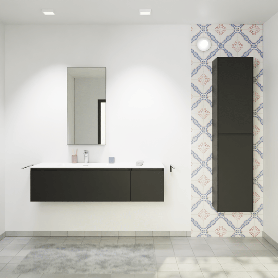 Storke Edge zwevend badmeubel 140 x 52 cm mat zwart met Mata asymmetrisch linkse wastafel in solid surface mat wit