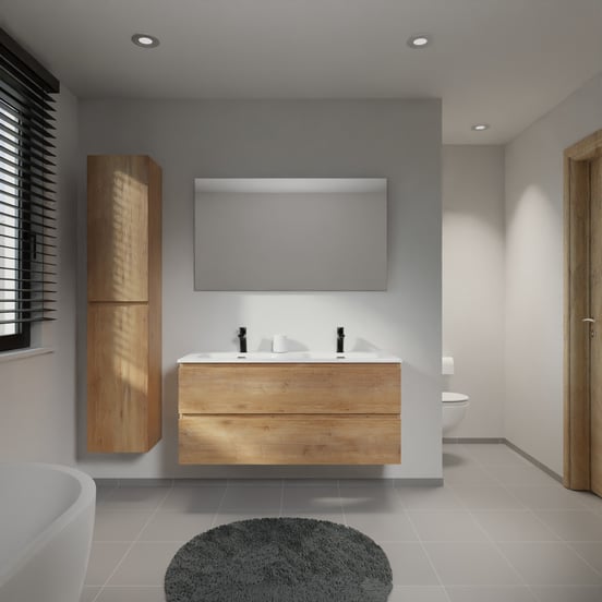 Linie Lado meuble salle de bains suspendu 120 x 46 cm chêne naturel avec Baro double vasque en porcelaine blanc brillant