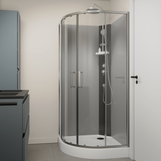 Linie Salta kwartronde douchecabine met schuifdeuren 90 x 90 cm helder glas chroom profiel met kraan