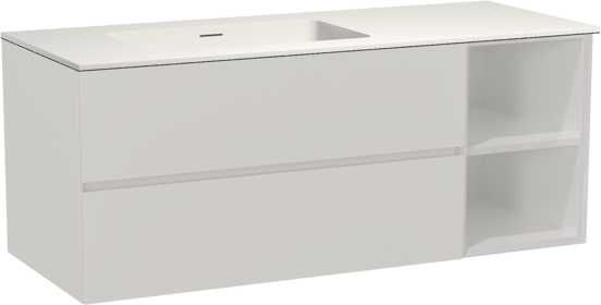 Storke Edge zwevend badmeubel 130 x 52 cm hoogglans wit met Mata asymmetrisch linkse wastafel in solid surface mat wit