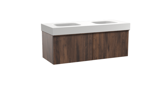 Balmani Forma zwevend badkamermeubel 135 x 55 cm amerikaanse notelaar met Arcato dubbele wastafel in solid surface mat wit, Verticale symmetrische rechte ribbel