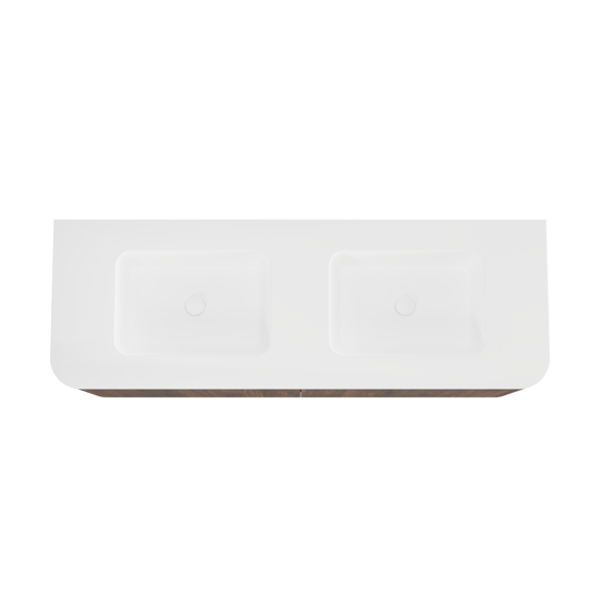 Balmani Moon zwevend badkamermeubel 160 x 55 cm amerikaanse notelaar met Moon dubbele wastafel in solid surface mat wit