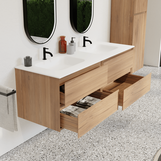 Balmani Mitra zwevend badmeubel 150 x 55 cm teakhout met Tablo Arcato dubbele wastafel in solid surface mat wit