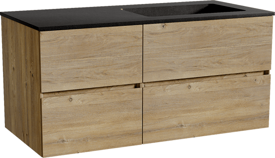 Storke Edge meuble salle de bains suspendu 110 x 52 cm chêne brut avec Scuro plan vasque asymétrique à droite en quartz noir mat
